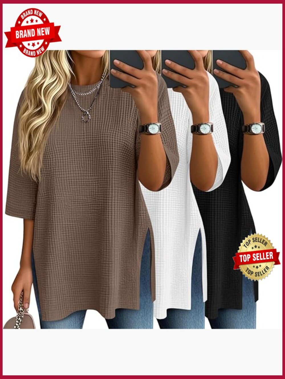 3 Pk Waffle Knit Tops 3/4 Sleeve Oversized Crewneck Tees Side Split Blouses